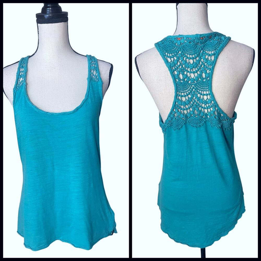 Y2K ROXY Crochet Lace Racerback Tank Slub Knit Aqua Large Beach Boho Festival